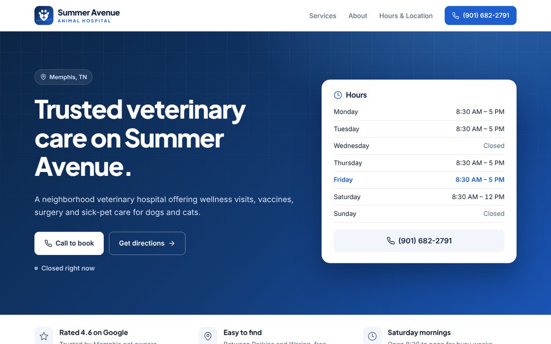 Homepage design for Summer Avenue Animal Hospital